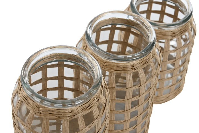 DKD Home Decor Set de 3 Jarrones de Cristal y Fibra Natural