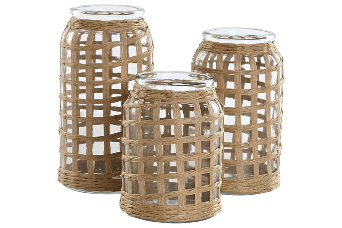 DKD Home Decor Set de 3 Jarrones de Cristal y Fibra Natural