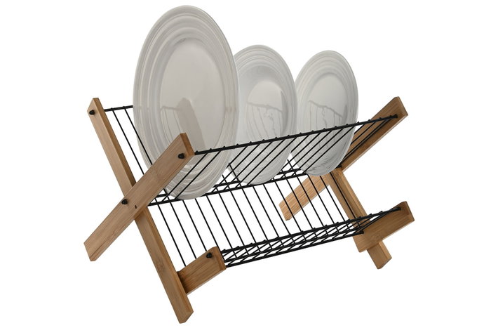 DKD Home Decor Escurreplatos de Bambú y Metal Negro 39,5x38x27 cm