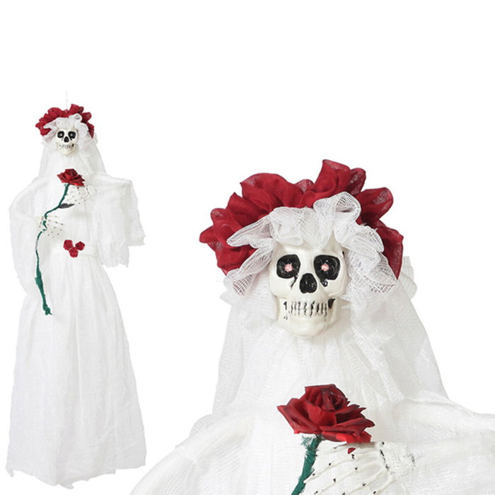 Atosa Decoración Halloween: Colgante Novia Esquelética Muerta con Vestido Blanco, Corona, Luz y Sonido - 120 cm Atosa Decoración Halloween: Colgante Novia Esquelética Muerta con Vestido Blanco, Corona, Luz y Sonido - 120 cm