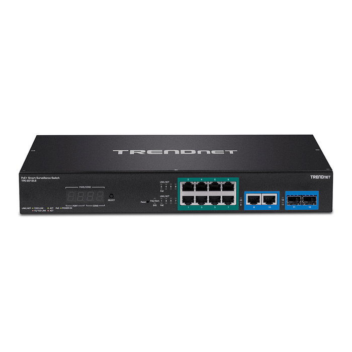 TRENDnet TPE-3012LS - Switch de Vigilancia Inteligente Gestionado Gigabit con 12 Puertos y PoE+, 8 Puertos PoE+ de 30W, 2 Puertos SFP, Rack 1U, Sin Ventilador, 24 Gbps