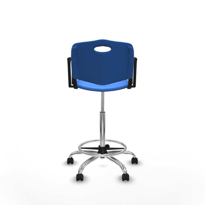 Taburete Robledo con mecanismo Giratorio de PVC color Azul. Equipado con Base cromada, Brazos fijos y Ruedas autofrenantes