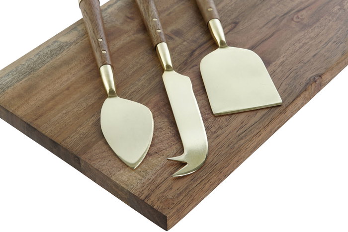 DKD Home Decor Set de Tabla de Cortar de Acacia de 4 Piezas con Cuchillos de Inox