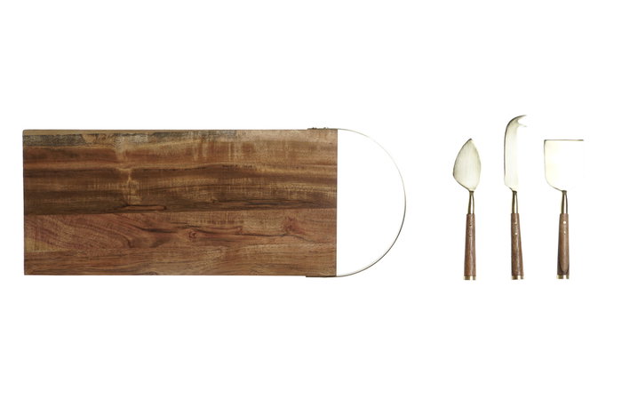 DKD Home Decor Set de Tabla de Cortar de Acacia de 4 Piezas con Cuchillos de Inox
