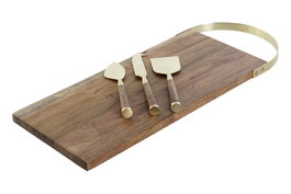 DKD Home Decor Set de Tabla de Cortar de Acacia de 4 Piezas con Cuchillos de Inox