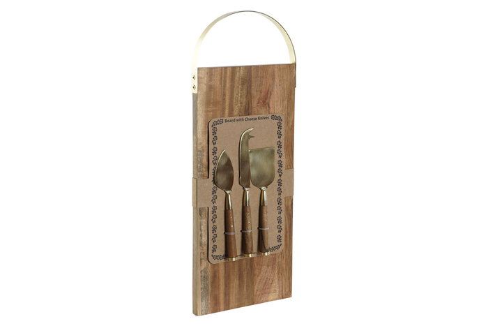 DKD Home Decor Set de Tabla de Cortar de Acacia de 4 Piezas con Cuchillos de Inox