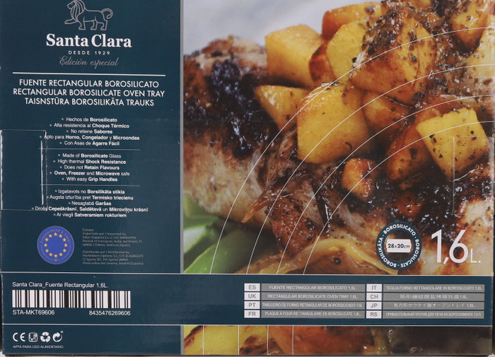 Santa Clara Fuente rectangular de horno de vidrio borosilicato, 1.6 litros, 28 x 20 x 5 cm, apta para horno (2 Unidades)