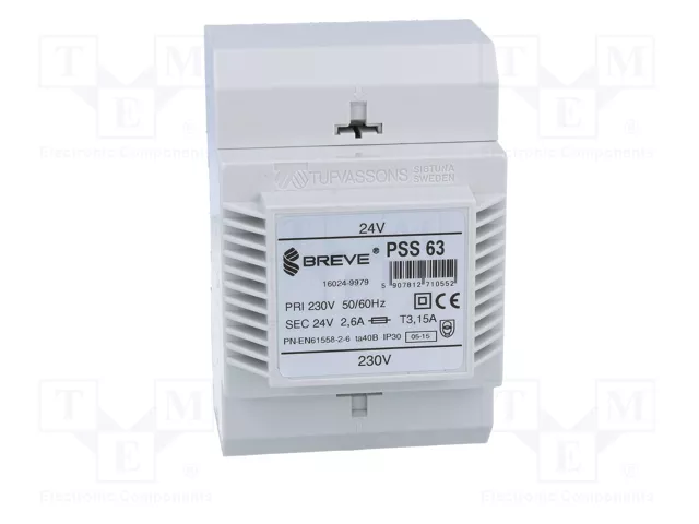 BREVE TUFVASSONS Transformador de red 63VA 230VAC a 24V
