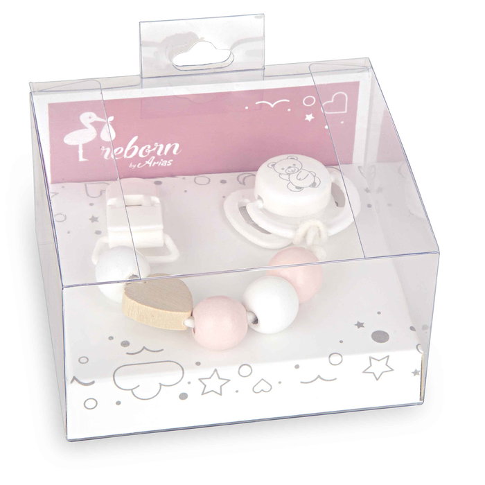 Muñecas Arias Set de Chupete con Cadena de Madera y Pinza Blanca