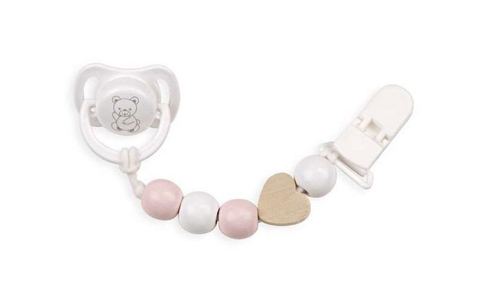 Muñecas Arias Set chupete c/cadena de piezas de madera y pinza blanca