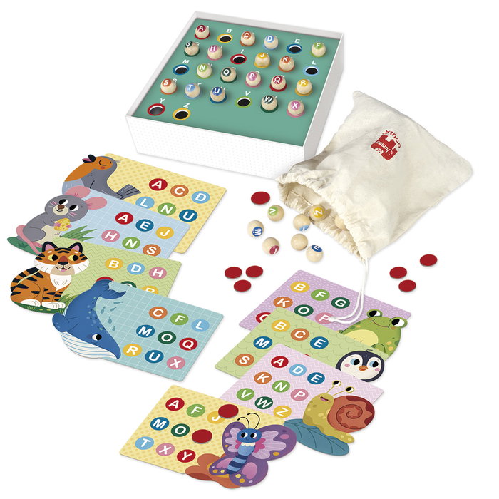 Diset Juego Bingo El Alfabeto con Hojas Magnéticas y Figuras de Animales de Madera