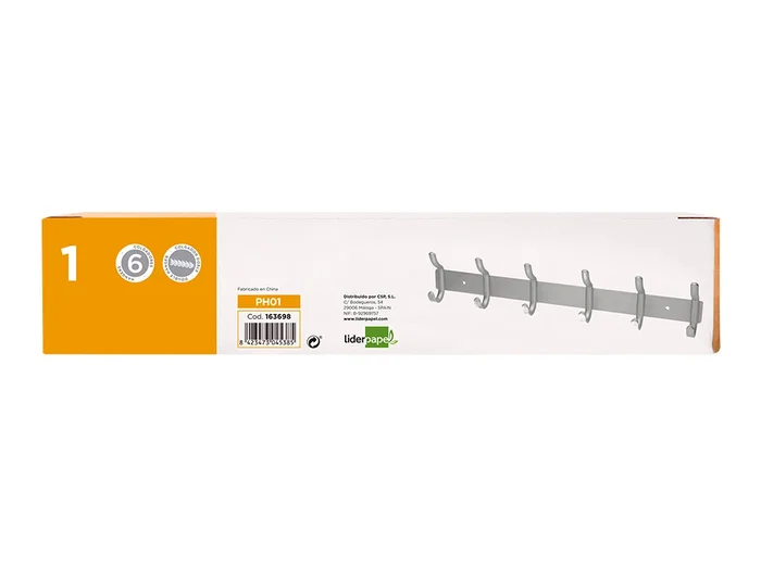 Liderpapel Perchero de Pared Metálico 6 Colgadores, Color Plata Mate, 430x88x55 mm