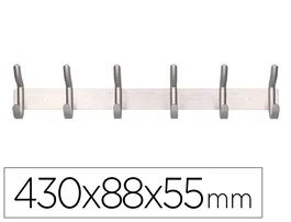 Liderpapel Perchero de Pared Metálico 6 Colgadores, Color Plata Mate, 430x88x55 mm
