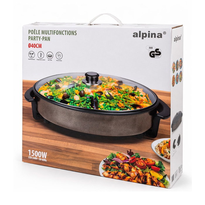 Alpina Cazuela Eléctrica Multiusos, 1500W, Ø40 cm, Superficie Antiadherente, Control de Temperatura, Incluye Tapa de Cristal Alpina Cazuela Eléctrica Multiusos, 1500W, Ø40 cm, Superficie Antiadherente, Control de Temperatura, Incluye Tapa de Cristal