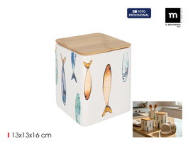 Inde Tarro de Cocina Cuadrangular Peixe con Tapa de Bambú, Dimensiones 13.2 cm (Ancho) x 13.3 cm (Largo) x 15.6 cm (Alto) (24 Unidades)