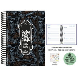 Agenda Anual (2026-27) Senfort 16 Meses Student Decorada Espiral Tapa Pp Con Goma 120X170 S/V Skateboard