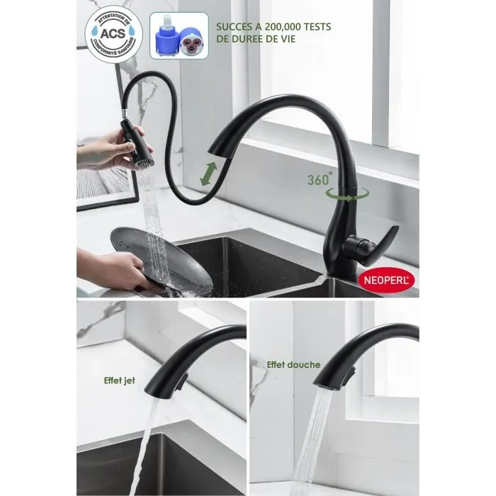 Grifo de cocina - Mezclador mecánico - Negro mate - Giratorio 360° - 2 chorros - OCEANIC - Con ducha extraíble