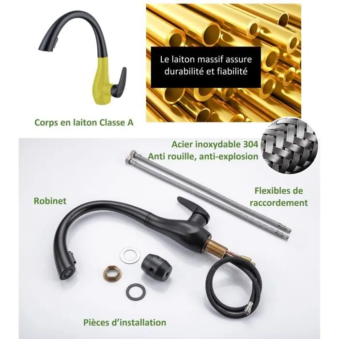 Grifo de cocina - Mezclador mecánico - Negro mate - Giratorio 360° - 2 chorros - OCEANIC - Con ducha extraíble