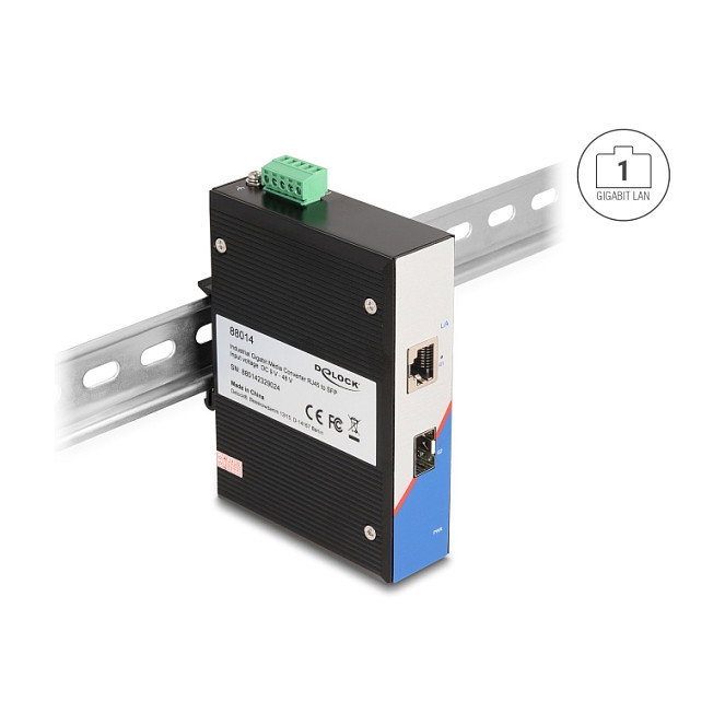 DeLOCK Convertidor de medios Gigabit industrial RJ45 a SFP para carril DIN