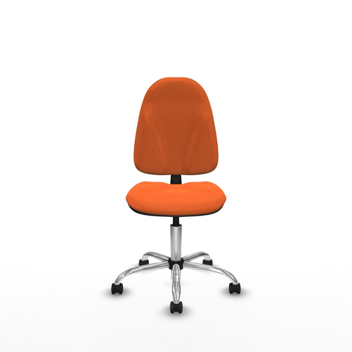 Silla de oficina Algarra con mecanismo Contacto permanente básico tapizada con Tela color Naranja. Equipada con Base cromada, Sin brazos y Ruedas de parqué