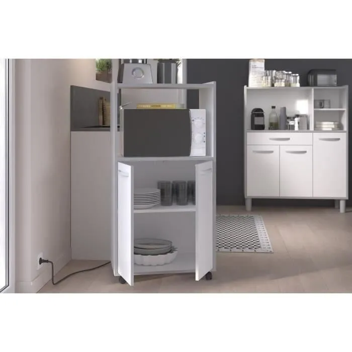 Oslo Carro de cocina L 60cm Blanco, 2 puertas, Melamina Mate, Patas Alu, 60x43x118 cm, Hecho en Francia
