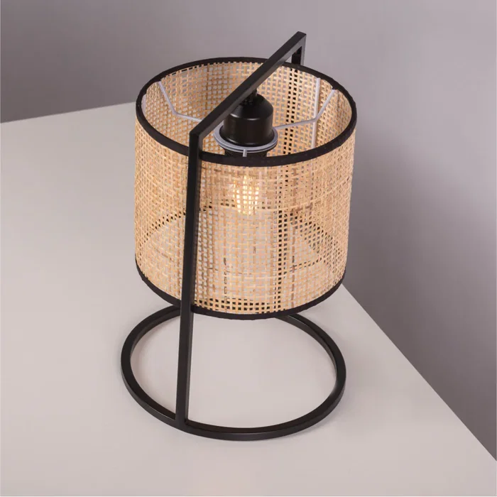 Kamianske Lámpara de Mesa RATÁN Negra Estilo Boho-Chic con Pantalla Natural para Bombilla E27
