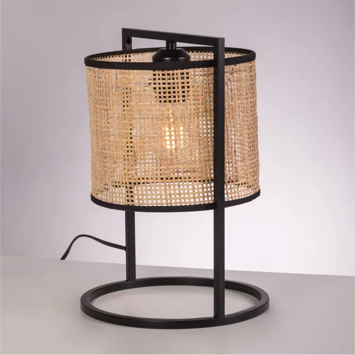 Kamianske Lámpara de Mesa RATÁN Negra Estilo Boho-Chic con Pantalla Natural para Bombilla E27