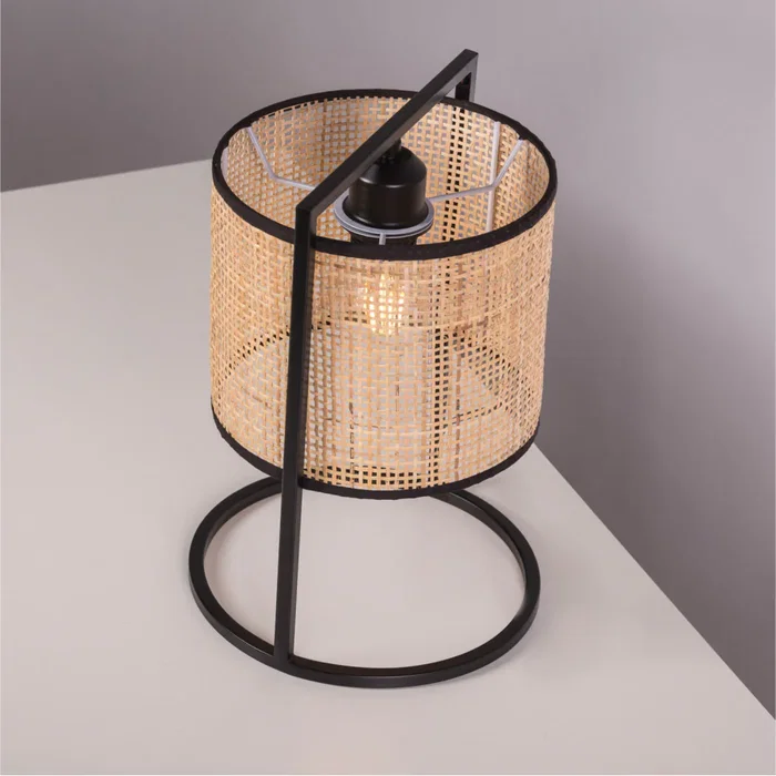 Kamianske Lámpara de Mesa RATÁN Negra Estilo Boho-Chic con Pantalla Natural para Bombilla E27