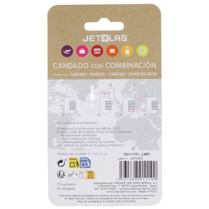 Jet Lag Candado Con Combinación de 3 Ruedas para Maletas y Taquillas