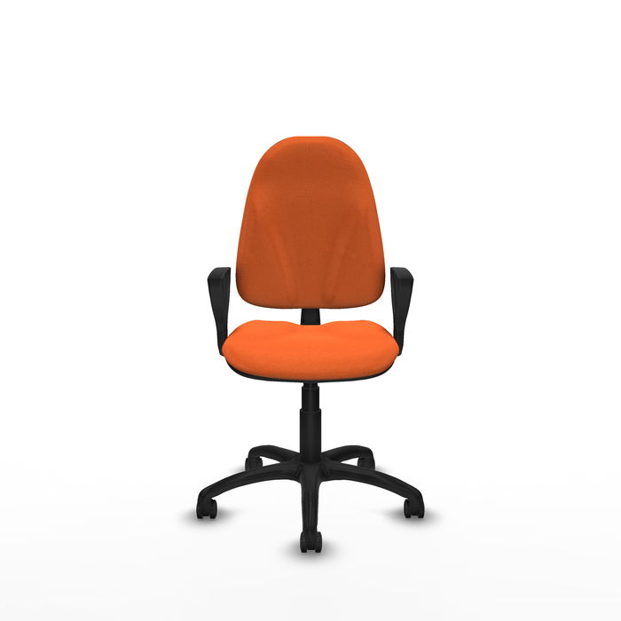 Silla de oficina Algarra con mecanismo Contacto permanente básico tapizada con Tela color Naranja. Equipada con Base poliamida negra, Brazos fijos y Ruedas de parqué