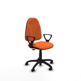 Silla de oficina Algarra con mecanismo Contacto permanente básico tapizada con Tela color Naranja. Equipada con Base poliamida negra, Brazos fijos y Ruedas de parqué