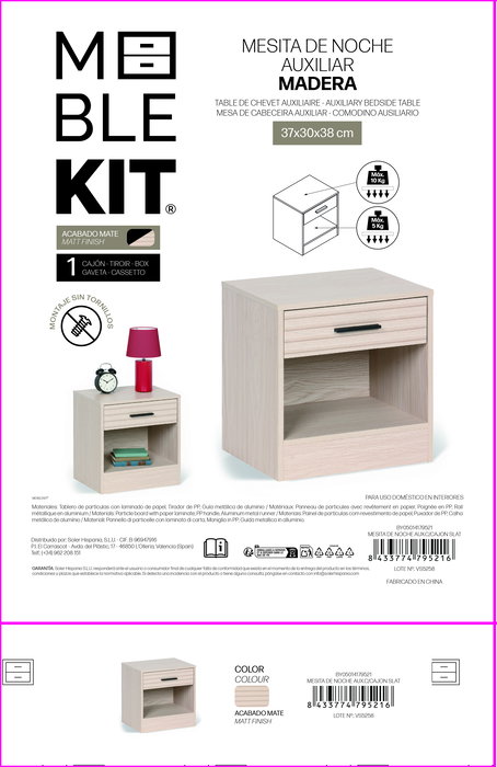 Inde Mesita de Noche Auxiliar con Cajón, Blanco, Madera Slat Mueblekit, Dimensiones: 39,1 cm Alto x 31,6 cm Largo x 9,6 cm Ancho (4 Unidades)