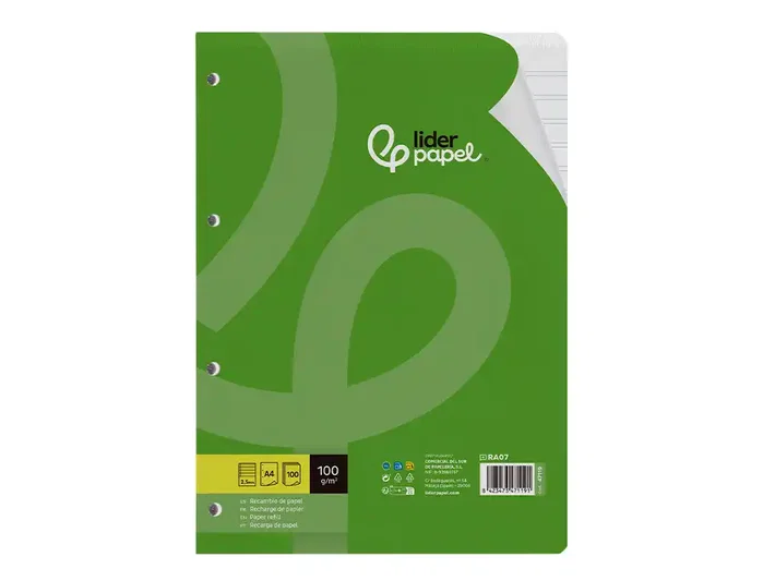 Liderpapel Recambio A4 100 hojas 100g pauta 2,5mm con margen y 4 taladros Liderpapel Recambio A4 100 hojas 100g pauta 2,5mm con margen y 4 taladros