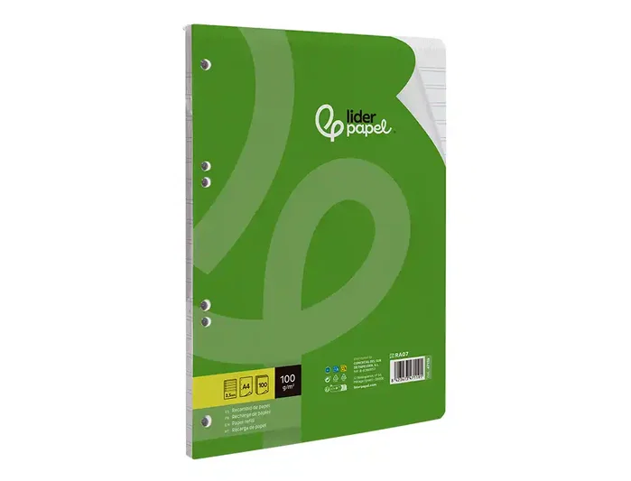 Liderpapel Recambio A4 100 hojas 100g pauta 2,5mm con margen y 4 taladros Liderpapel Recambio A4 100 hojas 100g pauta 2,5mm con margen y 4 taladros