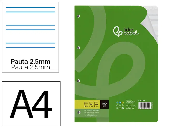Liderpapel Recambio A4 100 hojas 100g pauta 2,5mm con margen y 4 taladros Liderpapel Recambio A4 100 hojas 100g pauta 2,5mm con margen y 4 taladros