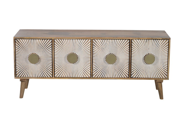 DKD Home Decor Mueble TV Sunny 23 Blanco Natural 145x40x60 cm Madera Mango 4 Puertas Talladas