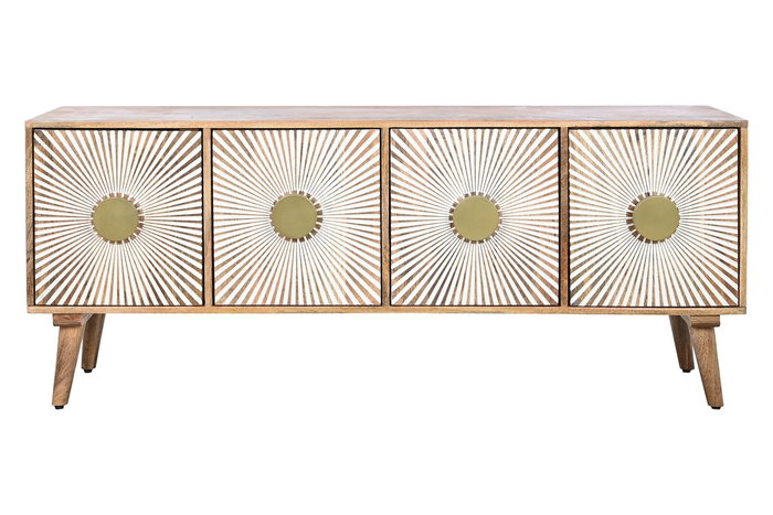 DKD Home Decor Mueble TV Sunny 23 Blanco Natural 145x40x60 cm Madera Mango 4 Puertas Talladas