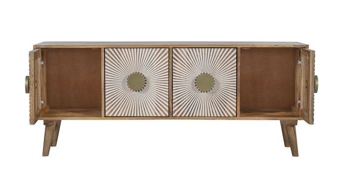 DKD Home Decor Mueble TV Sunny 23 Blanco Natural 145x40x60 cm Madera Mango 4 Puertas Talladas