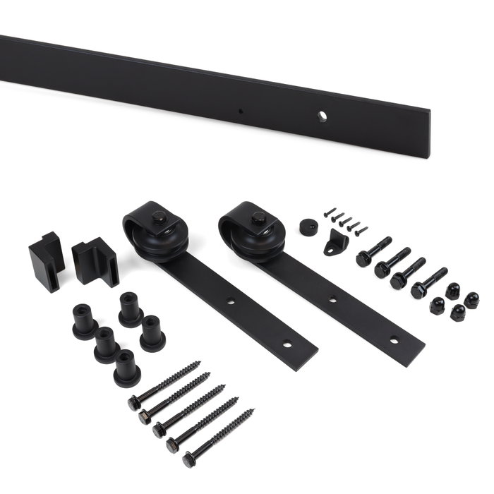 Emuca Kit de herrajes para una puerta corredera colgada de madera Barn, Sin cierre suave, tableros no incluidos, Acero y Plástico, Pintado negro