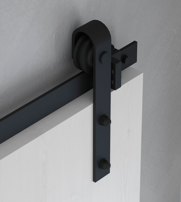 Emuca Kit de herrajes para una puerta corredera colgada de madera Barn, Sin cierre suave, tableros no incluidos, Acero y Plástico, Pintado negro
