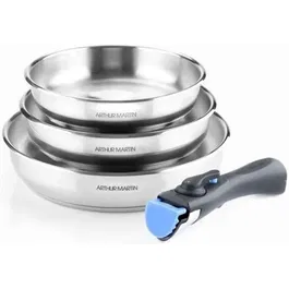 Arthur Martin AM1410 Conjunto de 3 estufas 20-24-26 cm Acero inoxidable Manija extraíble Todas las luces, incluida la inducción
