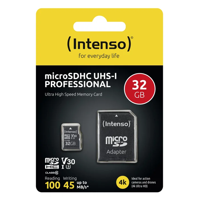 Intenso 3433480 Tarjeta de Memoria MicroSDHC 32 GB, Clase 10, UHS-I U3 V30, Lectura 100 MB/s, Escritura 45 MB/s, Resistente