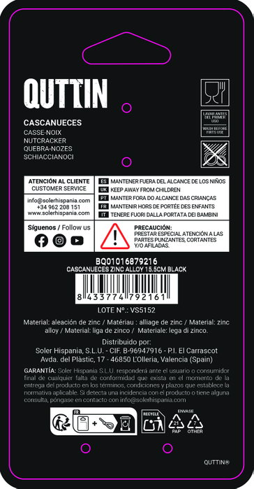 Inde Cascanueces Decorativo de Aleación de Zinc Color Negro, 15.5 cm de Alto, Dimensiones 18.1 x 7.9 x 1.5 cm (24 Unidades) Inde Cascanueces Decorativo de Aleación de Zinc Color Negro, 15.5 cm de Alto, Dimensiones 18.1 x 7.9 x 1.5 cm (24 Unidades)