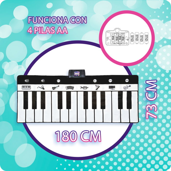 Deqube Manta Musical Piano XL 2 metros, 24 teclas, 4 modos, 8 instrumentos, 10 melodías, +3 años