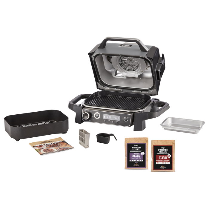 Ninja Woodfire 7-in-1 Outdoor Grill OG701EU, Plancha a 260°C, Negro, Acero Inoxidable, con Pantalla LED y Temporizador