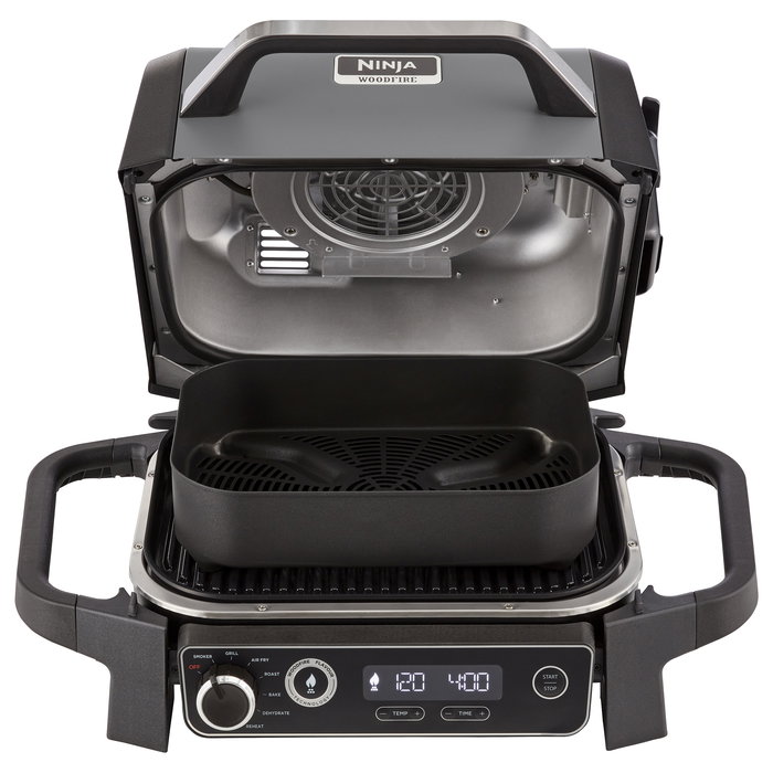 Ninja Woodfire 7-in-1 Outdoor Grill OG701EU, Plancha a 260°C, Negro, Acero Inoxidable, con Pantalla LED y Temporizador