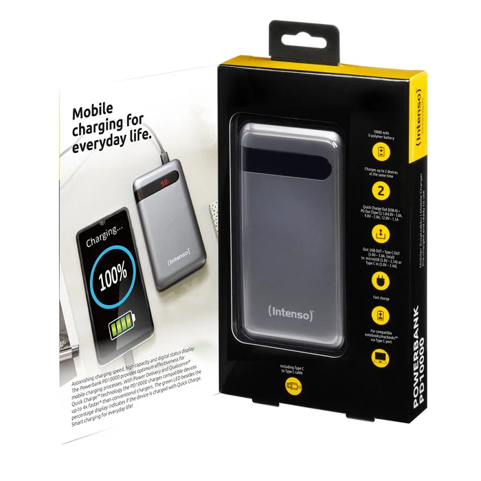 Intenso PD10000 Batería Externa Power Bank 10000 mAh, Polímero de Litio, Carga Rápida USB-C PD 20W y QC 3.0, 2 Puertos (USB-A + USB-C), Con Pantalla, Color Antracita