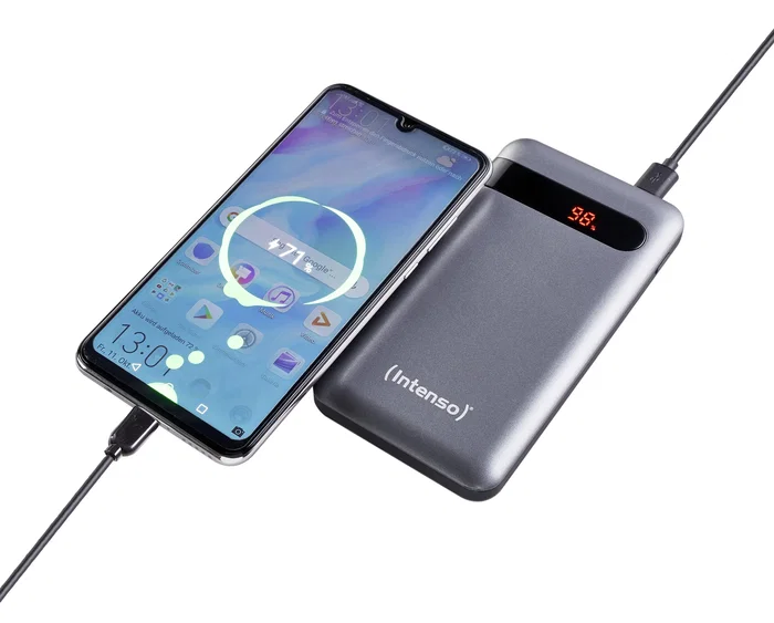 Intenso PD10000 Batería Externa Power Bank 10000 mAh, Polímero de Litio, Carga Rápida USB-C PD 20W y QC 3.0, 2 Puertos (USB-A + USB-C), Con Pantalla, Color Antracita