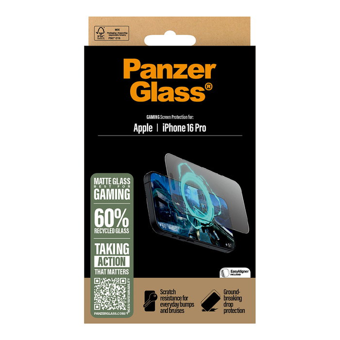 PanzerGlass Gaming Screen Protector iPhone 16 Pro | Vidrio Templado Ultra-Wide Fit, Anti-Rayones, Aplicación en Seco, 1 Unidad, Transparente