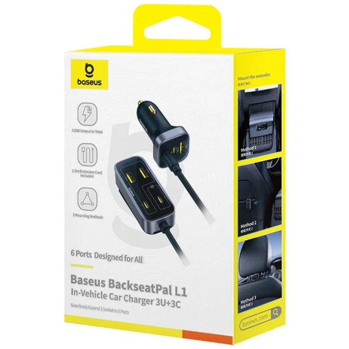 Baseus BackseatPal L1 Cargador de Coche con 6 Puertos (3x USB-C, 3x USB-A) 110W para Encendedor, Negro